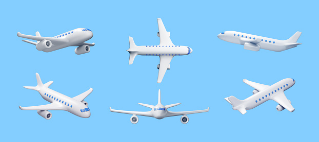 3D Set of White Realistic Airplane Isolated. Render Collection of Passenger or Commercial Jet Icon. Time for Travel Concept. Traveling Booking Agency, Airlines. Holiday Vacation. Vector Illustration