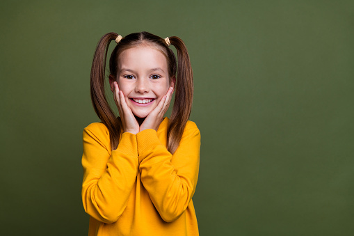 Photo of toothy beaming schoolgirl with ponytails wear yellow pullover holding arms on cheekbones isolated on khaki color background.
