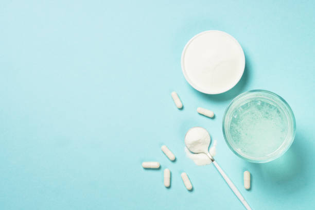 istock Collagen powder drink, dietary supplement at blue. 2078063815