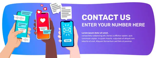 Vector illustration of Contact us section in a banner web format. Three hands holding smartphones with chat concept in the screen.