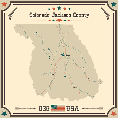 Large and accurate map of Jackson County, Colorado, USA with vintage colors.