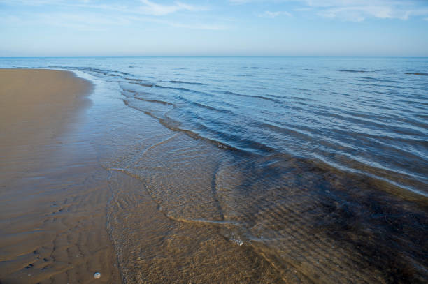 Blue sea with sandy beach and blue sky.