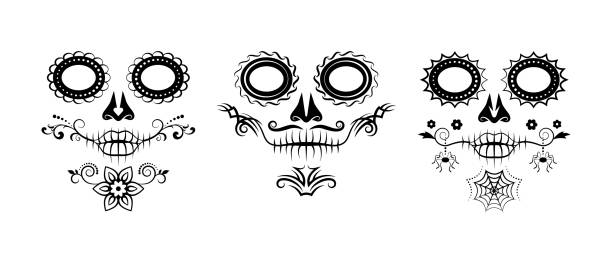 Set of 3 Elegant sugar skull designs. Tattoo style. Vector illustration. Set of 3 Elegant sugar skull designs. Tattoo style. Day of the Dead, Halloween, Carnival and other occasions. Vector illustration. spider tribal tattoo stock illustrations