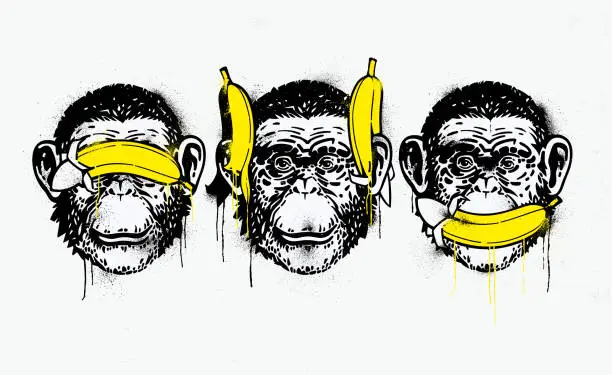 Vector illustration of Three wise monkeys stencil graffiti