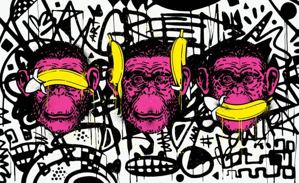Vector illustration of Three wise monkeys stencil graffiti