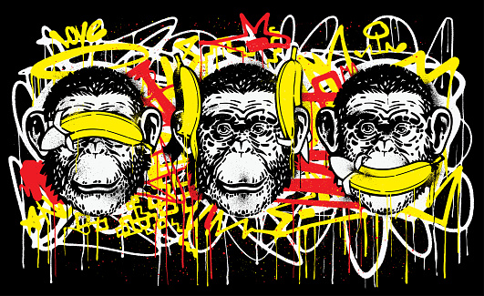 Three wise monkeys with bananas street art
