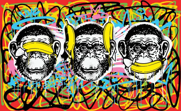 Vector illustration of Three wise monkeys stencil graffiti