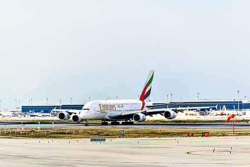 Barcelona, ​​Spain; January 28, 2024: Emirates Airbus A380 airline plane, landing at the Josep Tarradellas Barcelona-El Prat airport