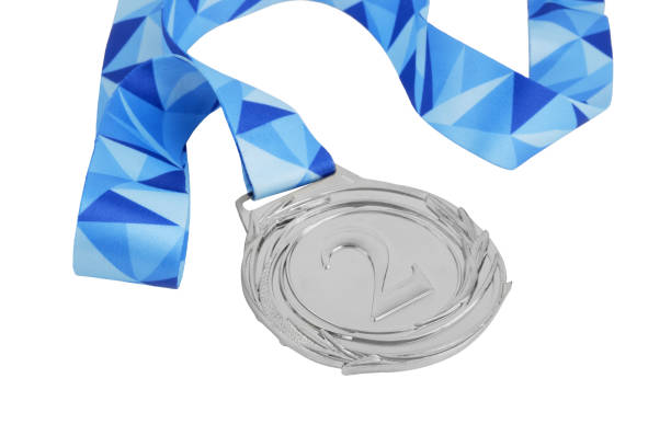 Silver medal with blue ribbon isolated on white background. Copy space for text.