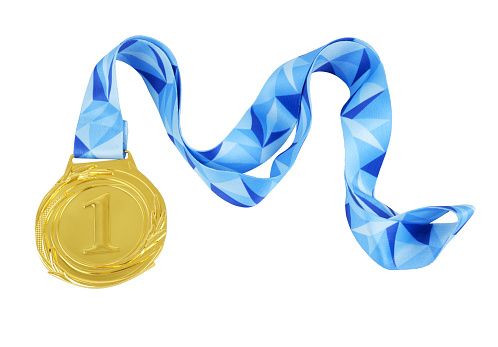 Gold medal with blue ribbon isolated on white background.