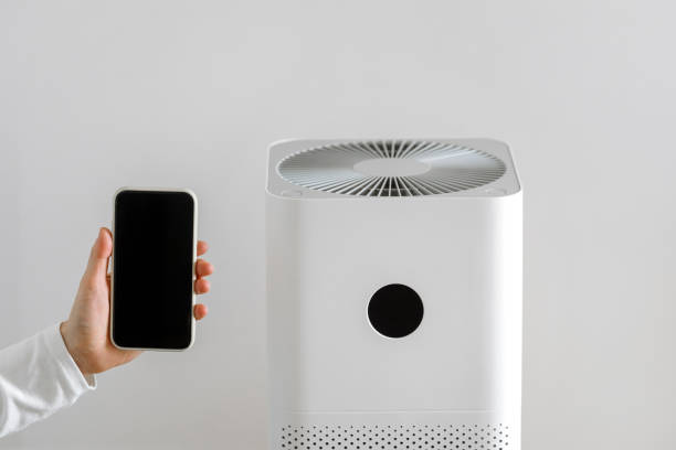 istock Cropped view on female hand using smart phone to controlling air humidifier 2078157940