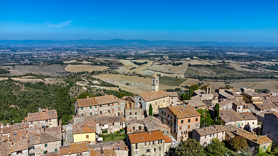 Aerial view of the old town of Montefollonico, Orcia Valley, Tuscany, Italy