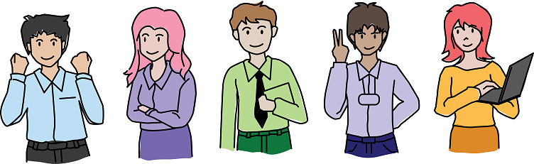 Line drawings of people in half-body office work clothes. In a simple cartoon style in many poses.Editable stroke