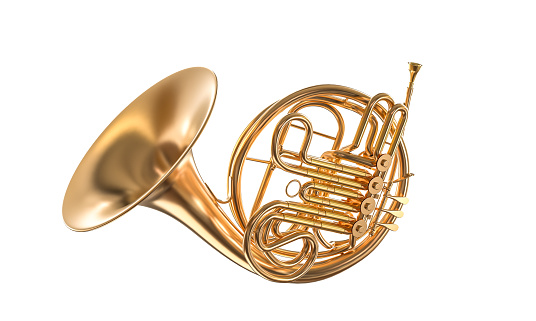 French horn wind- metal musical instrument isolated on white background, music