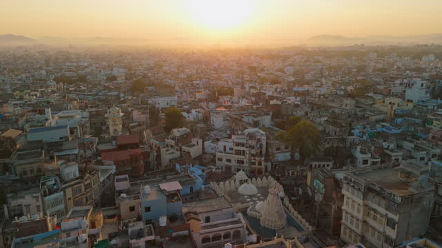 Aerial view of Udaipur city old town  at sunrise