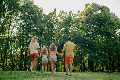 Back view of a family holding hands together and walking on sunny summer day in nature. A family of four is exploring natural beauties in national park while walking towards forest. Copy space.
