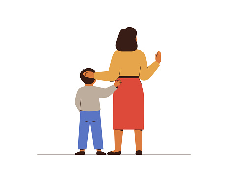 Against Child abuse or maltreatment. Woman who protects small boy. Mother cares about her son and stop bullying by stop gesture. Female person fights with harm to a child. Vector illustration