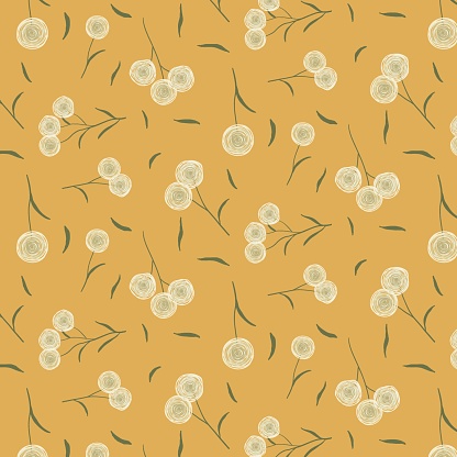 Seamless calico pattern of fluffy doodle wildflowers on mustard orange background. Cheerful vintage floral design print for textiles and paper