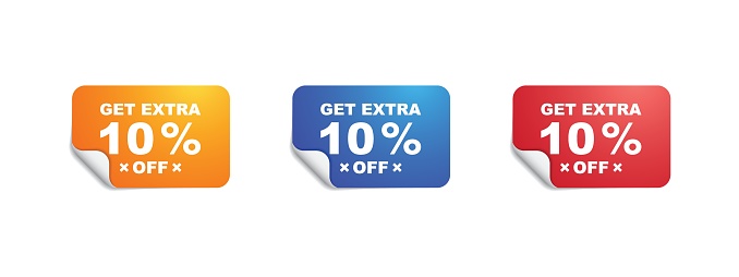 Get extra 10 percent off your purchase, square sticker with offer, set of colorful square advertising stickers, with save 10 percent, vector illustration.