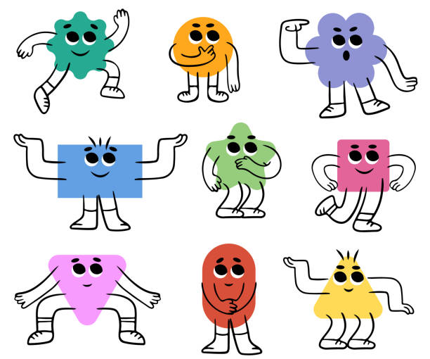 Abstract characters. Geometric comic creature emotions. Funny characters. Modern various figures. Geometry figures with eyes, hands and legs in kids style.