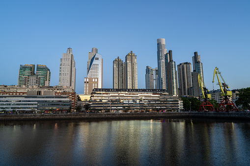 Puerto Madero skyline at sunset on a sunny day in Buenos Aires