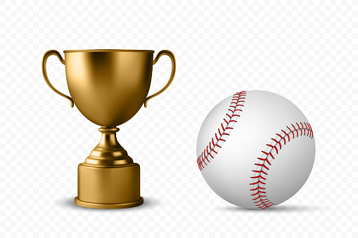 Vector 3d Realistic Metal Yellow Golden Champion Cup and Baseball Set, Isolated. Championship Trophy Design Template for Sports Concept, Front View.