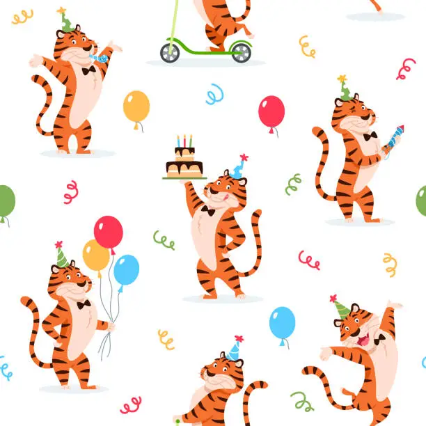 Vector illustration of Cartoon Birthday tigers seamless pattern. Cute wild cat with balloons, cake, confetti print for kids decoration design. Colorful beautiful wrapping paper repeat tile. Creative vector illustration.