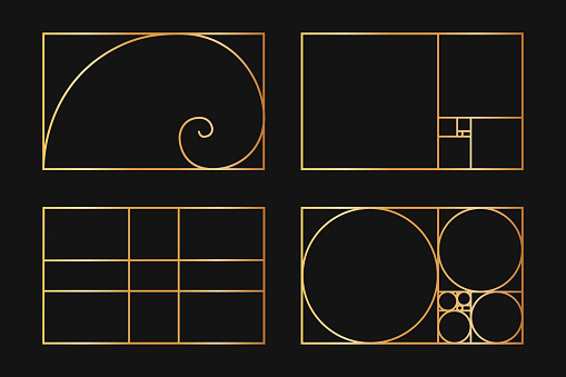 Collection of golden ratio templates. Logarithmic spiral. Fibonacci sequence as rectangle frames divided on lines, squares and circles. Perfect nature symmetry proportions grids. Vector illustration