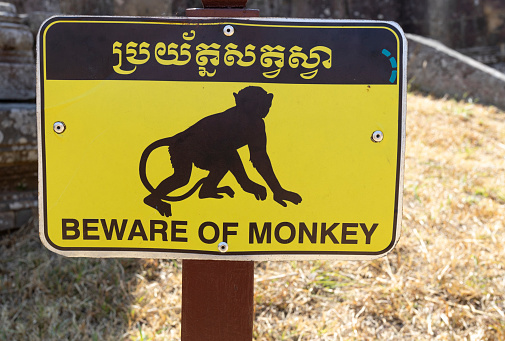 Preah Vihear, Preah Vihear, Cambodia on Feb 12, 2024:  visitors at Preah Vihear temple being warned of straying monkeys