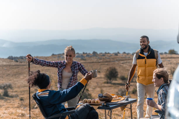 istock Meeting of hikers next to the camper 2078287714