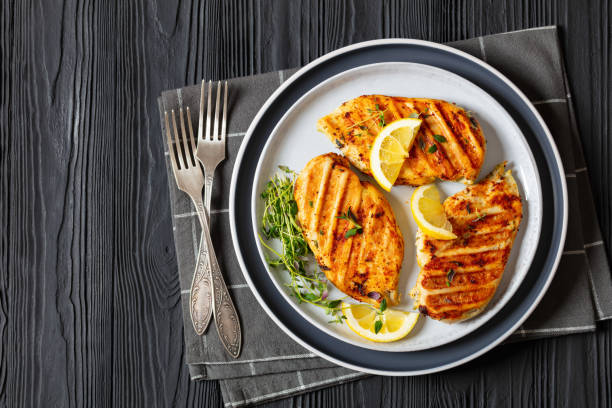 istock juicy grilled chicken cutlets on plate, top view 2078289951