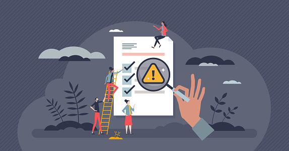Risk assessment and safety checklist business evaluation tiny person concept. Company document inspection for possible threats and problem points for investment and finances vector illustration.