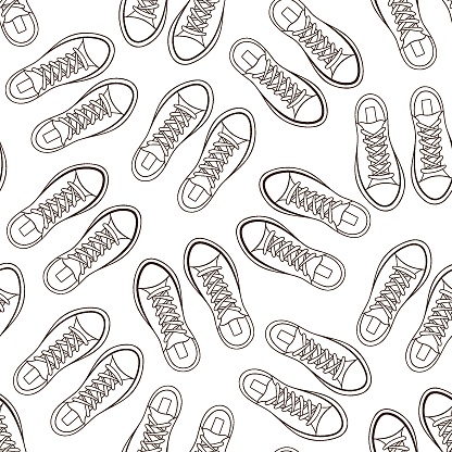 Line art shoes sneakers seamless pattern. Print with colorful male and female footwear. Vector illustration on a white background.