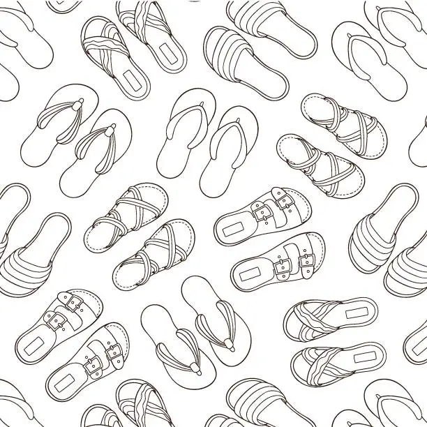 Vector illustration of Seamless pattern with casual footwear in line art style. Flip-flops, sandals, slippers design for wallpaper, textile. Vector illustration on a white background.