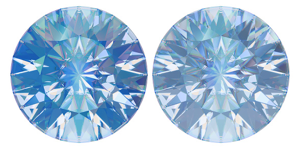 Isolated blue diamonds set. Refractive crystal. 3D rendering.