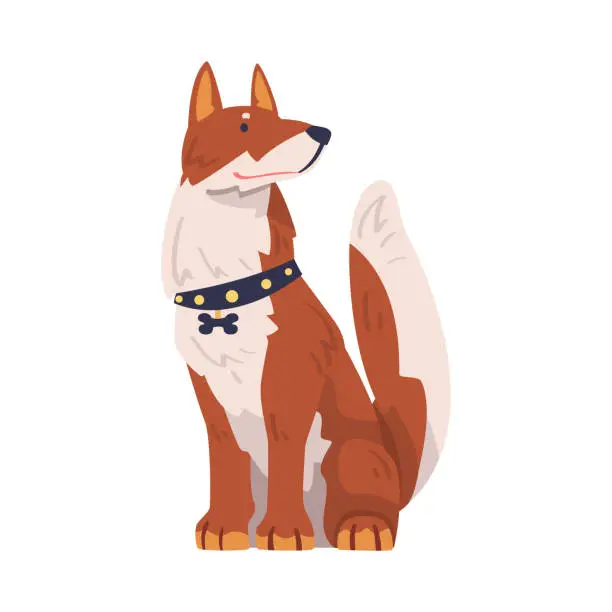 Vector illustration of Dog Breed with Brown Coat and Collar on Neck Sitting Vector Illustration