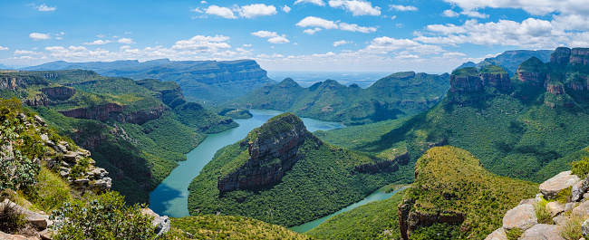 Panorama Route South Africa, Blyde river canyon with the three rondavels, impressive view of three rondavels and the Blyde river canyon in South Africa.