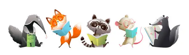 Vector illustration of Animals Reading Books or Study Collection for Kids