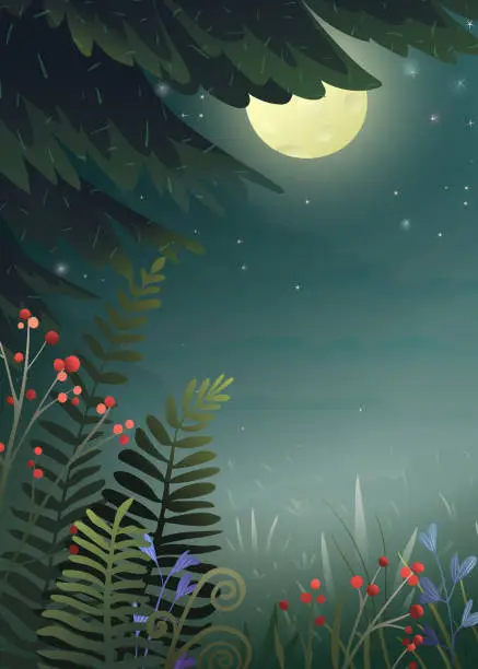 Vector illustration of Full moon night fantasy pine forest for children