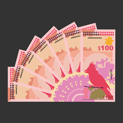 Bermudian Dollar Vector Illustration. Bermuda money set bundle banknotes. Paper money 100 BMD. Flat style. Isolated on white background. Simple minimal design.