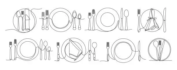 Vector illustration of Continuous one line served plate. Minimalist plates, forks, knives and spoons for restaurant menu design vector illustration set