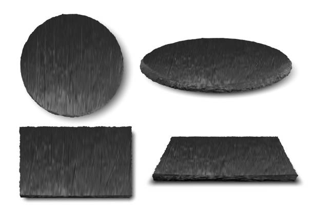 istock Natural slate plates. Black stone textured plate, dark rock round and square presentation slabs. Decorative food display surfaces realistic 3D vector illustration set 2078309306
