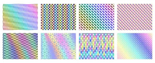 Vector illustration of Iridescent holographic patterns. Holo backgrounds with geometric pattern texture, abstract rainbow spectrum gradients vector set