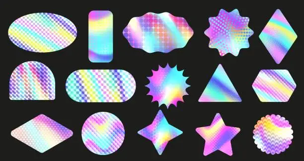 Vector illustration of Textured holographic stickers. Iridescent geometric figures, holo gradient shapes with texture patterns collection vector set