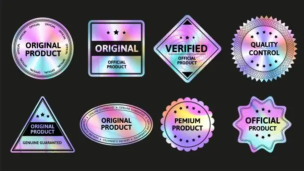 Vector illustration of Secure holographic stickers. Original quality iridescent labels, verified product badges and official seals with holo foil gradient vector set