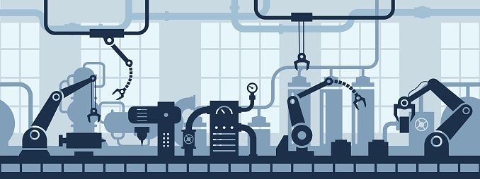 Industrial factory interior. Industry 4.0 assembly line, conveyor belt with robotic arms and machinery vector seamless background illustration. automated technology for manufacturing