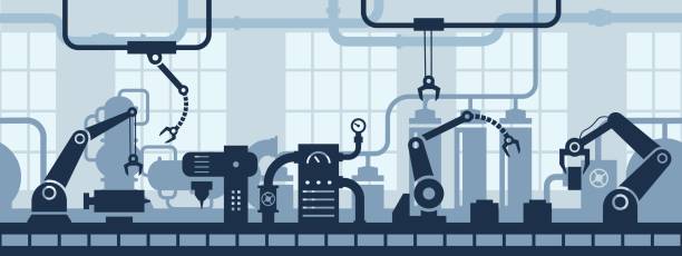 Industrial factory interior. Industry 4.0 assembly line, conveyor belt with robotic arms and machinery vector seamless background illustration Industrial factory interior. Industry 4.0 assembly line, conveyor belt with robotic arms and machinery vector seamless background illustration. automated technology for manufacturing manufacturing sourcing stock illustrations
