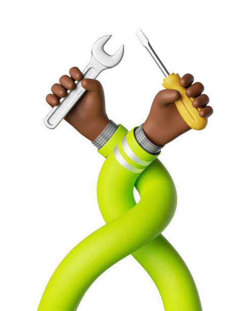 3d render, twisted and interlaced cartoon african human hands hold hammer and spanner wrench. Professional plumber or electrician with building tools isolated on white background