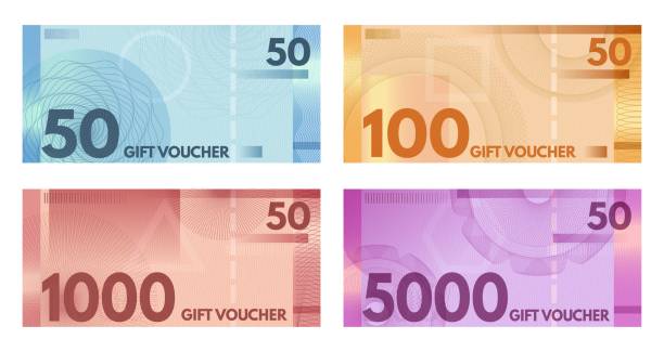 gilošové poukázky na bankovky. kupóny ve stylu měny, nákupní certifikáty a šablona dárkových poukazů vektorová sada - umělý stock ilustrace