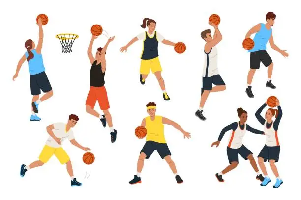 Vector illustration of Dynamic basketball players in action. Athletes characters shooting, dribbling and passing the ball vector illustration set